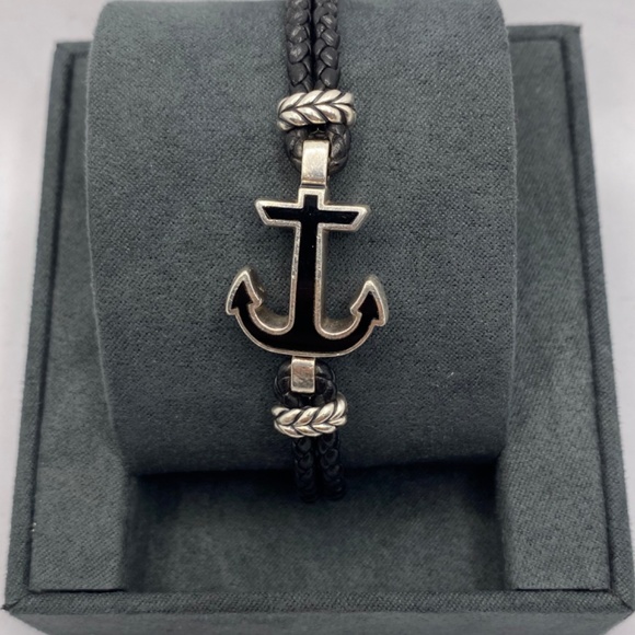 New DAVID YURMAN Men's Maritime Anchor Leather Bracelet in Silver & Onyx Med - Picture 2 of 8